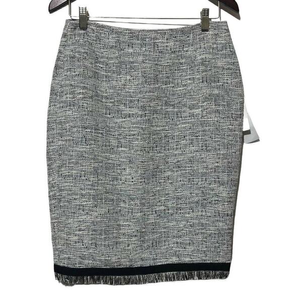 Calvin Klein Pencil Skirt Size 4 Women's Black White Metallic Tweed Fringe New - Picture 1 of 12
